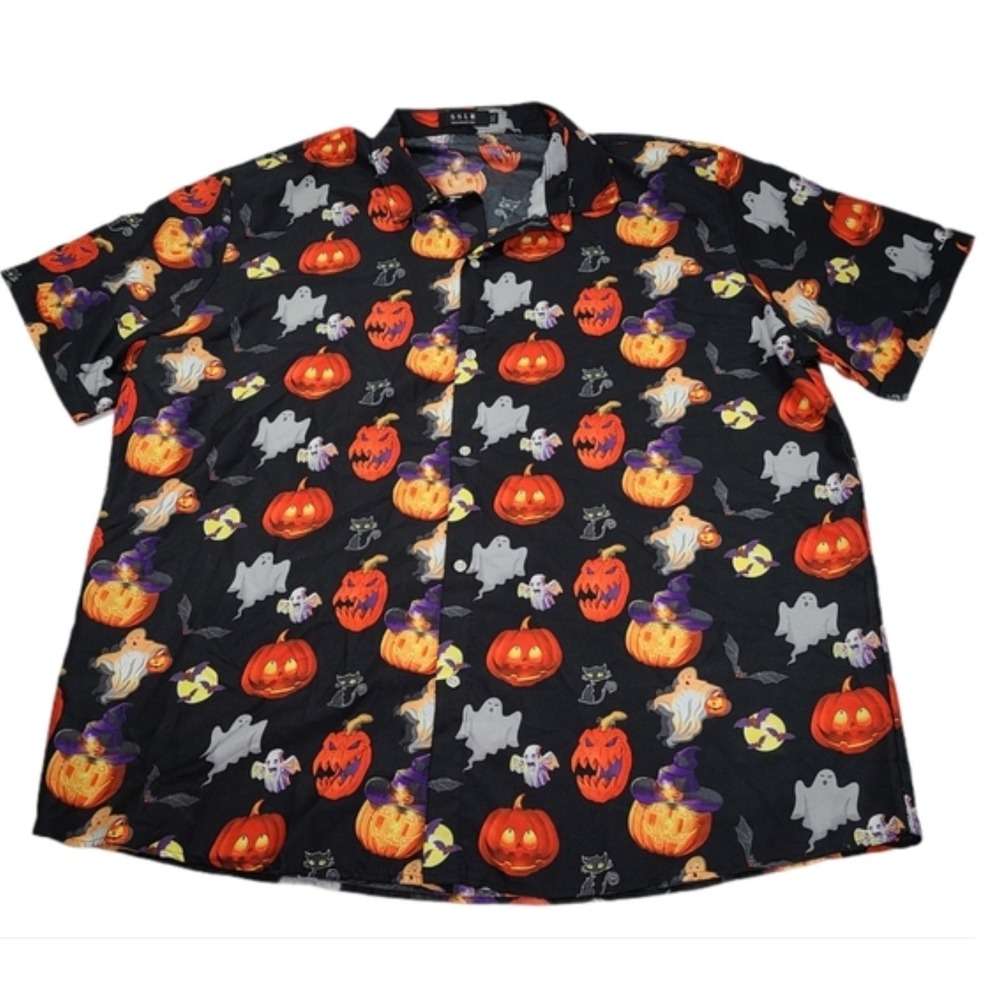 SSLR Mens 2XL Short Sleeve Button Down Halloween Shirt Black Pumpkin Ghost Bat